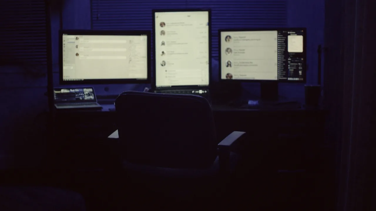 Un bureau de nuit éclairé par trois écrans allumés, la chaise est vide