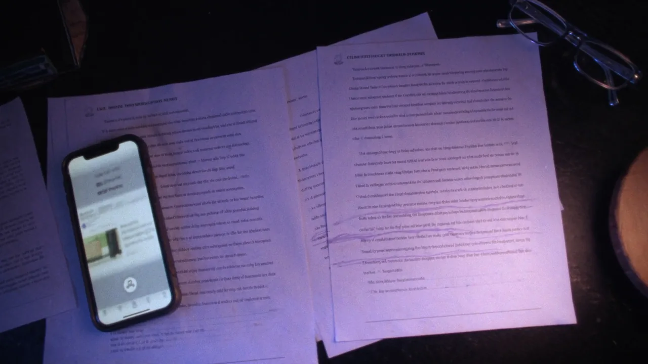 Des pages de conditions d’utilisation imprimées, un surligneur, des lunettes et un téléphone allumé