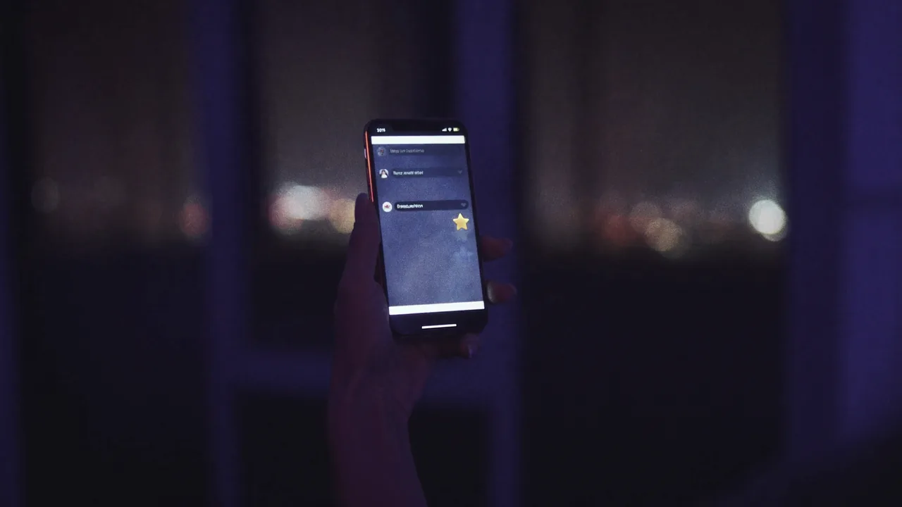 Une main tient un téléphone, une étoile dorée dans une bulle de message, lumières de la ville floues derrière