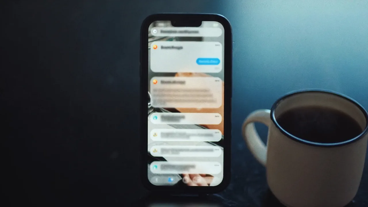 Un téléphone couvert de notifications à côté d’une tasse de café, à l’aube