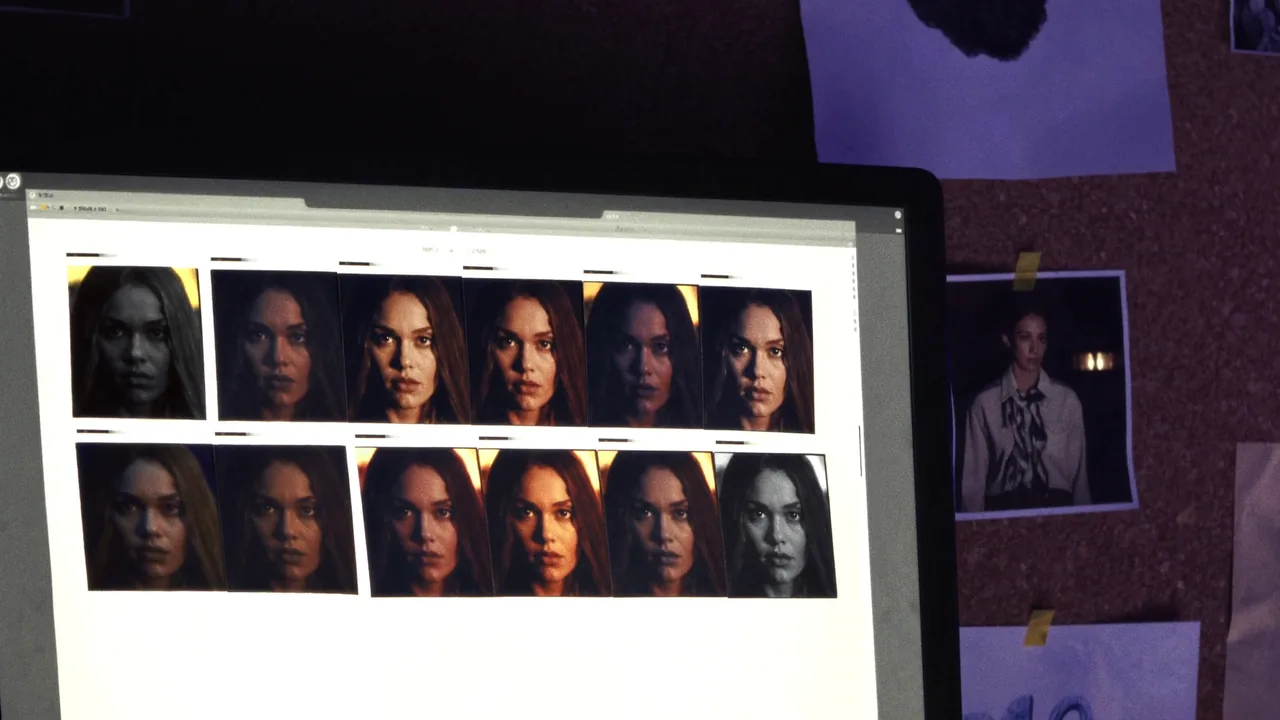Un écran affichant la même vingtaine de visages en variantes, une photo de référence imprimée punaisée à côté