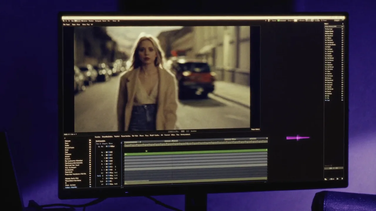 Un logiciel de montage vidéo ouvert sur un plan de rue, la ligne de temps visible sous l’image