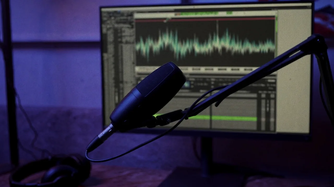 Un microphone sur bras articulé devant un écran affichant une forme d’onde audio, un casque posé sur le bureau