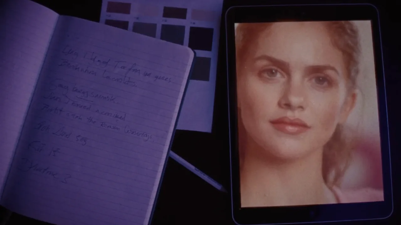 Un carnet manuscrit ouvert à côté d’une tablette affichant un portrait en gros plan et d’une planche de teintes