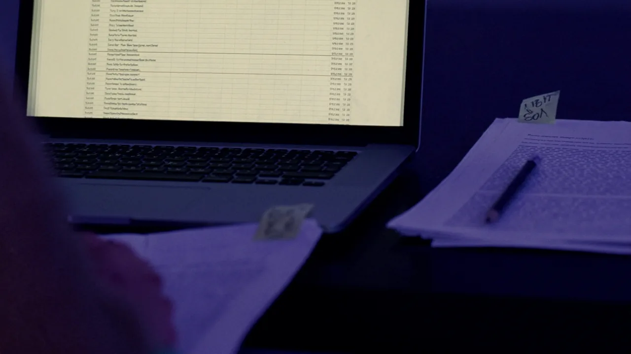 Un ordinateur portable affichant un tableur de sources, à côté de pages imprimées à onglets datés